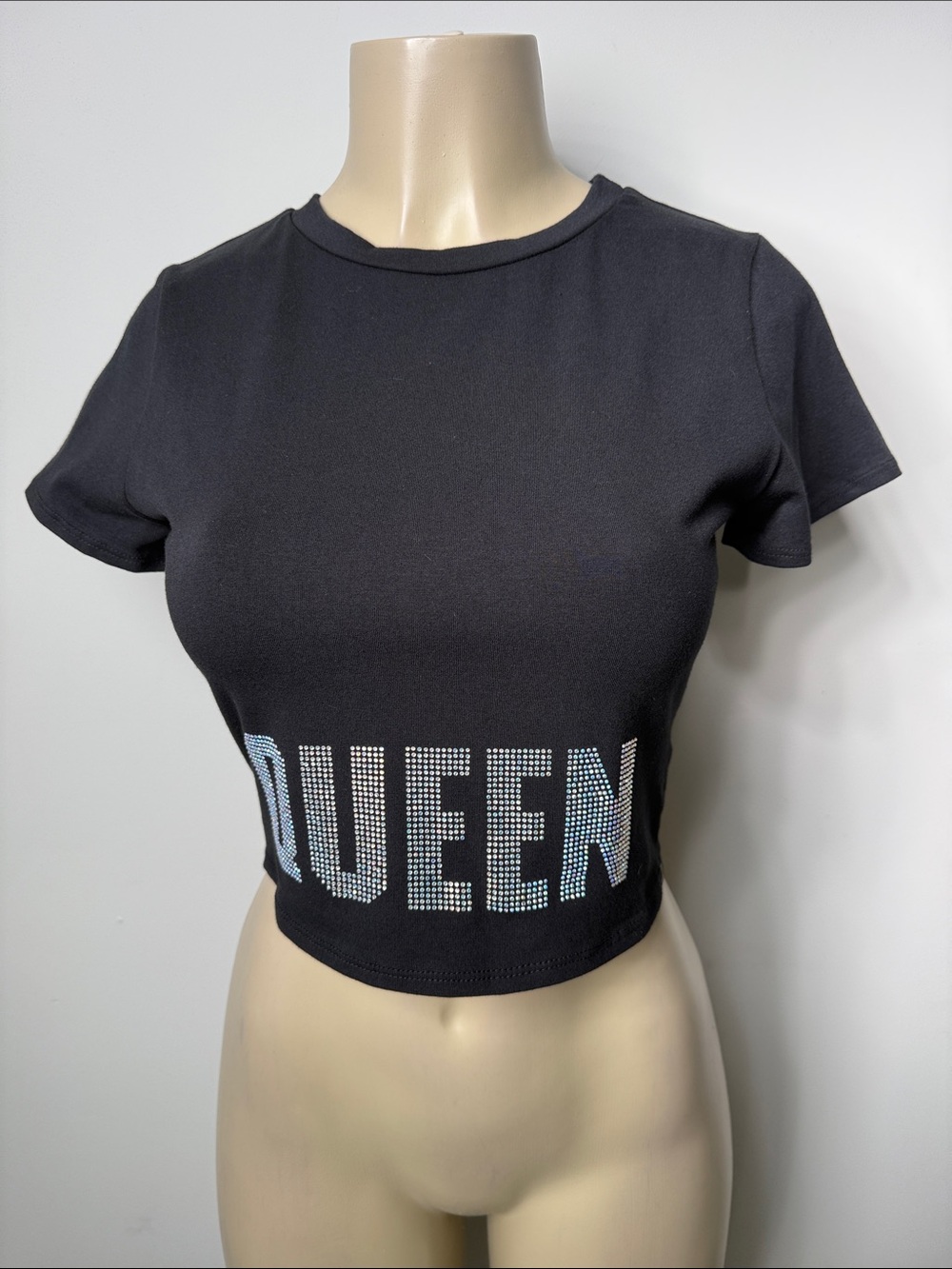 Fashion Nova Black 'QUEEN' Rhinestone Crop Top